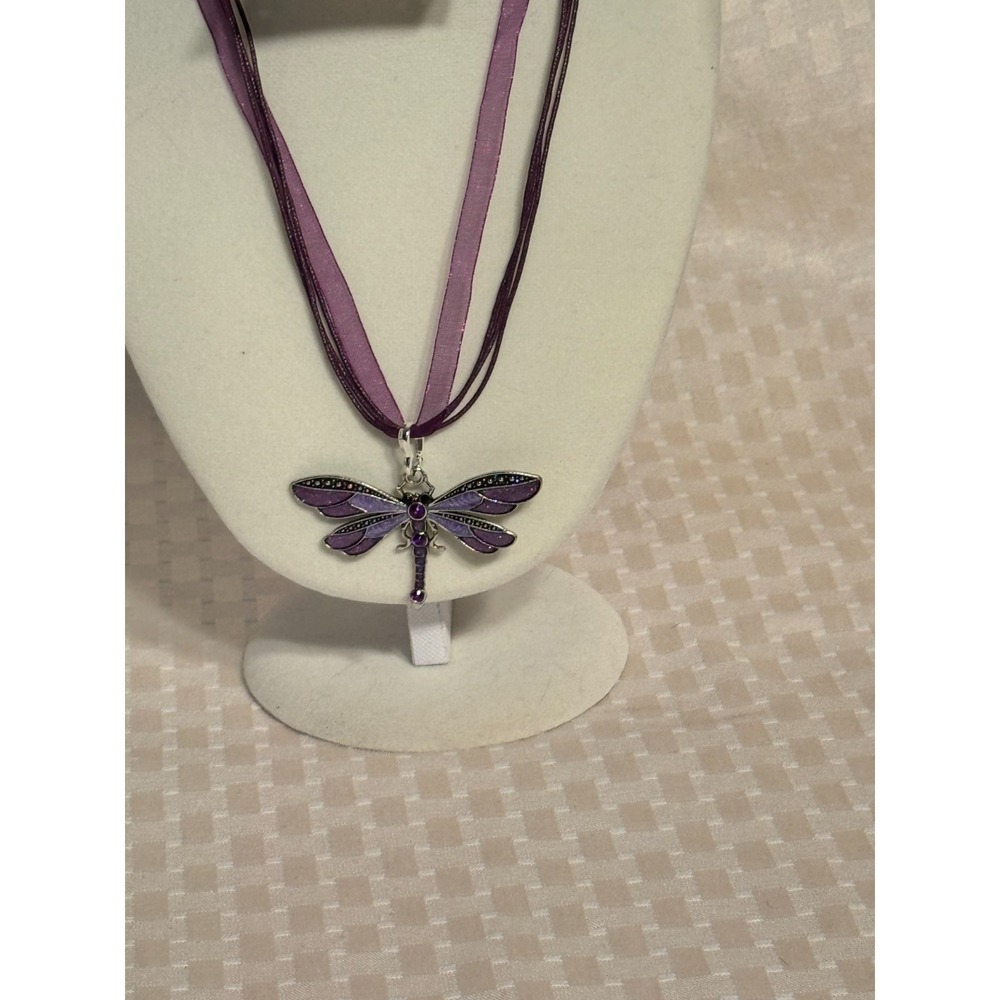 Purple Silver Tone Enamel & Gems Dragonfly Pendant Necklace New